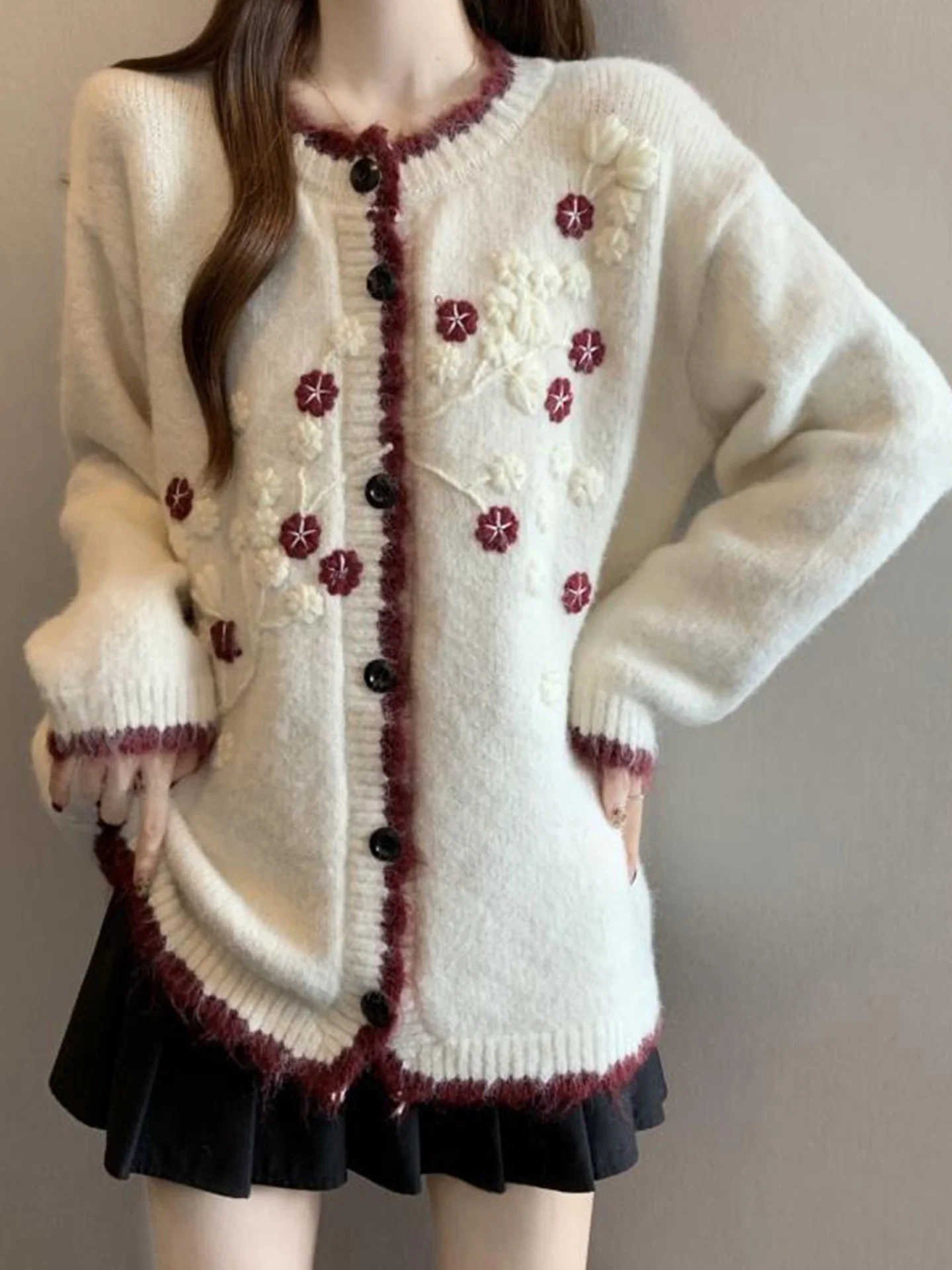 

Retro Japanese Soft Embroidered Knitted Open Cardigan Women's Autumn Winter plus Size Lazy High-End Sweater Jaet