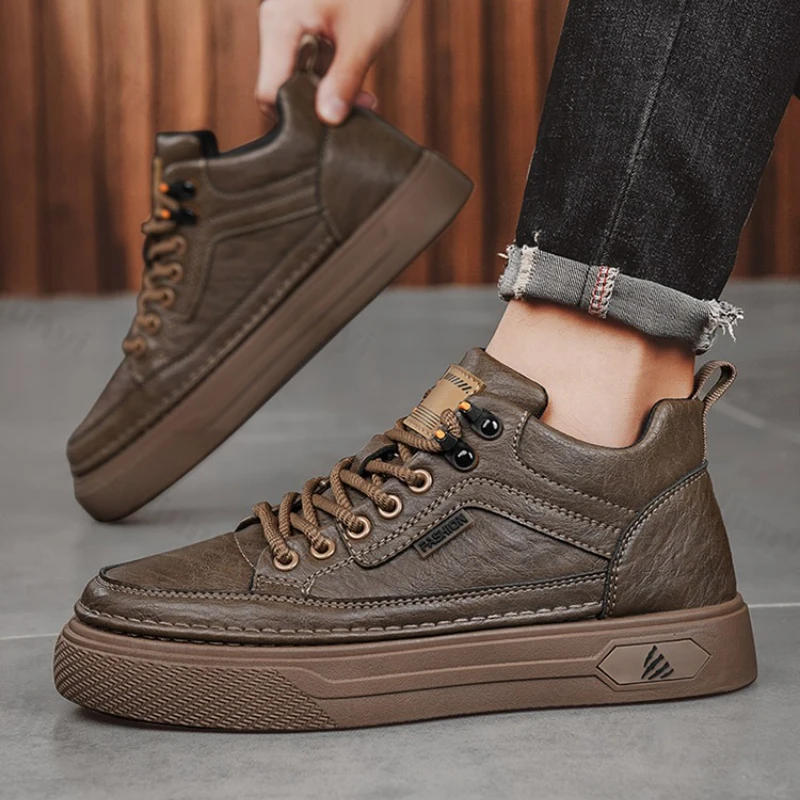 

Мужская повседневная кожаная обувь, осень 2023, новые нескользящие высокие винтажные рабочие ботинки, удобные удобные туфли на шнуровке, увеличивающие рост