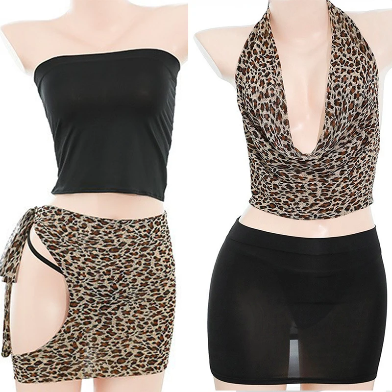 Secretary sexy porno lingerie two-way Flirting sex suit expose chest BDSM leopard print uniform Black stocking accessories sissy