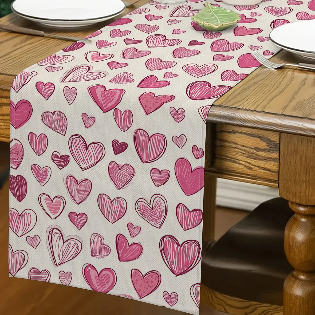 Valentine's Day Table Runner - pink and white winter scene with heart Festivetable decorations
