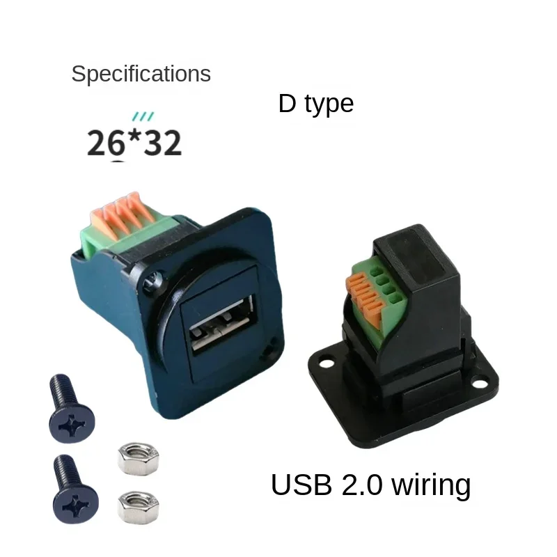 D-Type USB 2.0 Terminal Block com porca fixa, módulo de transmissão de dados, preto