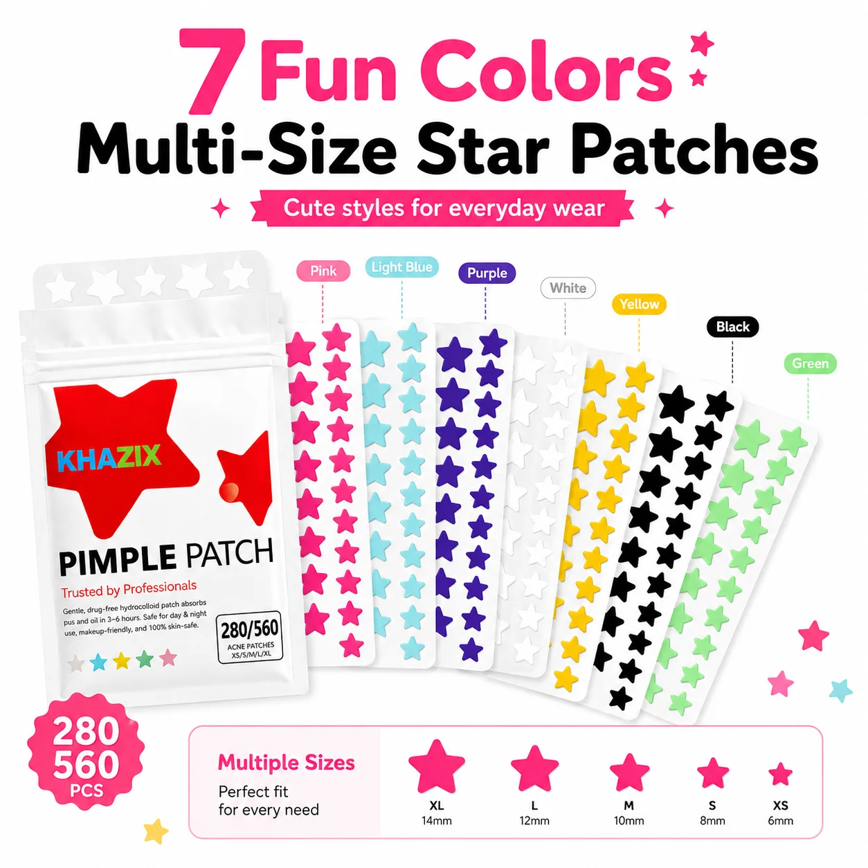 Star Blemish Patches,  Hydrocolloid Acne Stickers, 7 Colors Variety Pack, Ultra-Thin Pimple Covers for Face Spots, Skin-Friendly