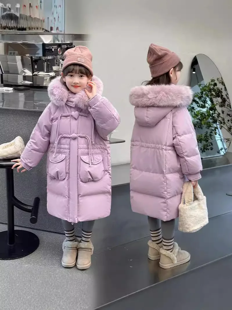 

2025 Kids Winter Jacket Faux Fur Collar Children Clothing Long Down Cotton Teens Clothes Snowsuit Kids Hooded Parka TR208