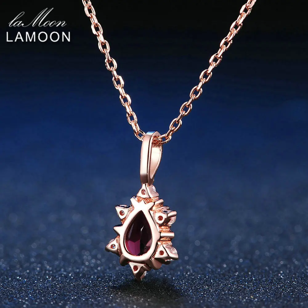 LAMOON 925 Sterling Silver Necklace Teardrop Garnet Pyrope Gemstone Pendant Necklace 18K Rose Gold Plated Fine Jewelry LMNI024