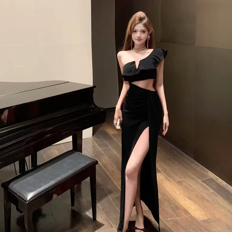 Abito da sera irregolare in vita a rete trasparente con volant e una spalla Abito da festa da discoteca aderente con spacco alto rosso nero da donna sexy