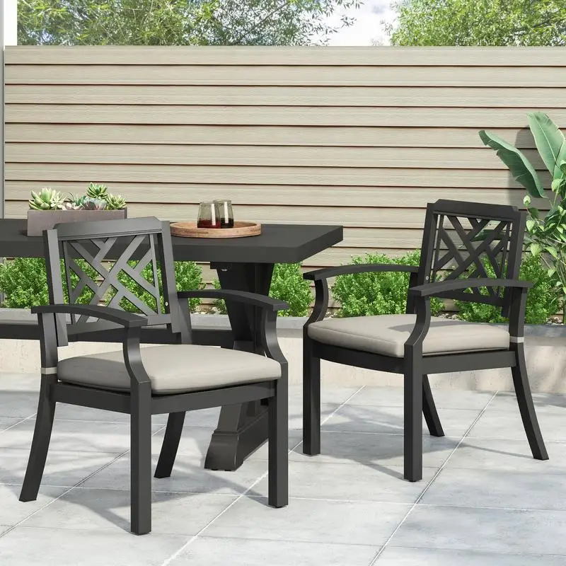 Light Beige Outdoor Dining Chairs - Antique Matte Black Finish, Set of 2 for Patio, Garden, or Balcony Use