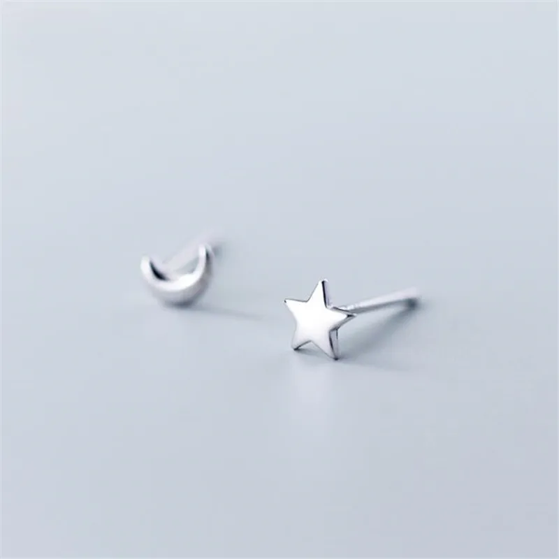 New Fresh Fashion Jewelry Moon And Star 925 Sterling Silver Asymmetric Cute Simple Women Popular Stud Earrings