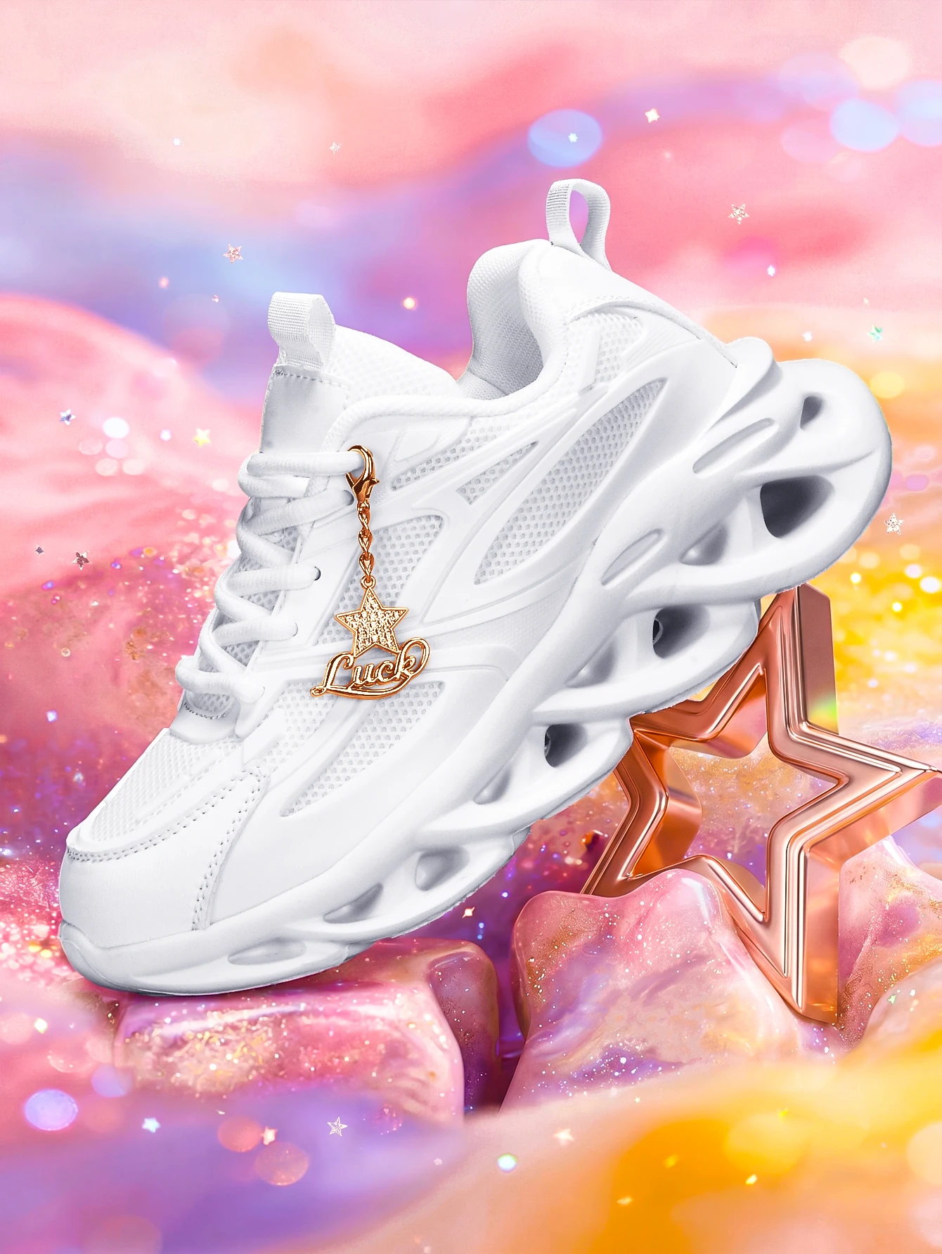 Women's Outdoor Eva Lightweight Thick-Soled Shoes with a 5cm Height Increase, White Vulcanized Shoes, Paired with a Detachable Rhinestone Five-Pointed Star Gold Luck Charm, Suitable for Running and Fitness, All-Season Sports Shoes