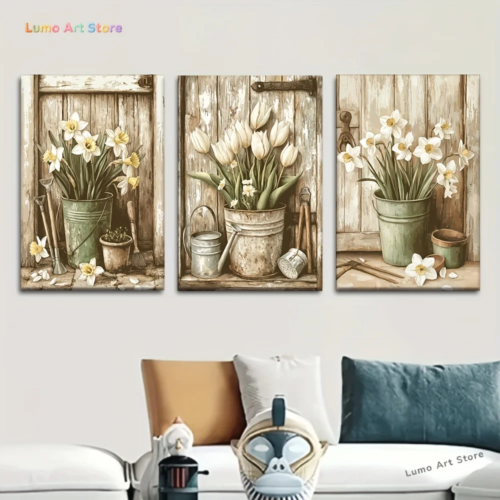 2D Flat, 3pcs/set, Canvas Painting--Unframed, Vintage Farmhouse Planters and Gardening Tools, Artist Drawing Set, Living Room