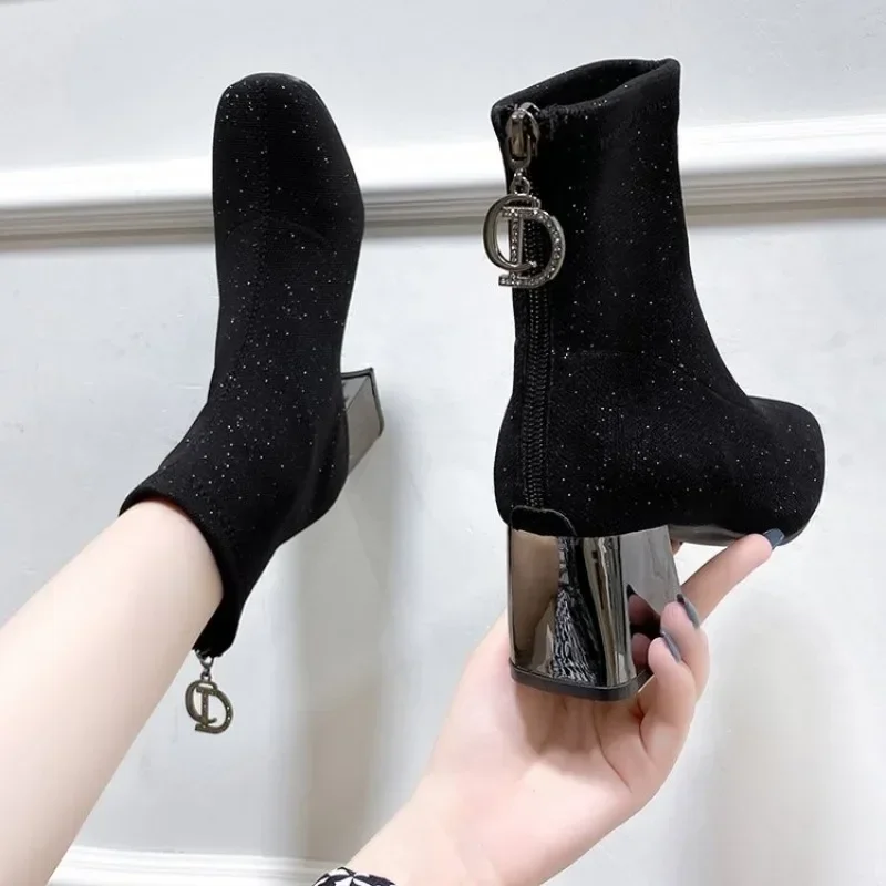 Metal Blade Heels Socks Boots Women Stretch Fabric Elastic Stilettos Heel Pointed Toe Ankle Boots Shoes Woman Chunky Heels Boats