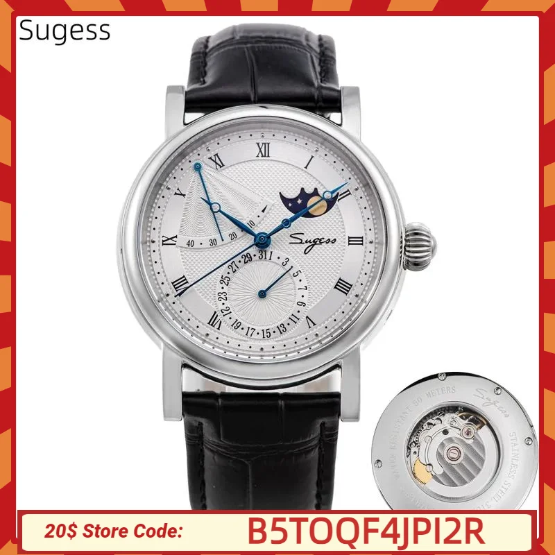 Sugess Moonphase Men's Watch Automatic Mechanical Watches for Tianjin Movement Sapphire Glass Water Resistant Wristwatches New