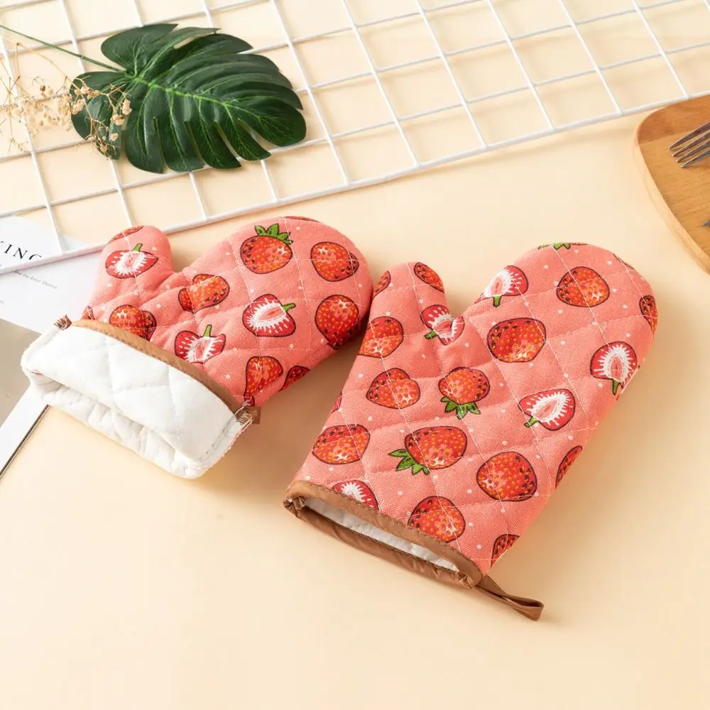2pcs Heat Resistant Cotton Oven Mitts Anti-scald Cotton Lining Kitchen Microwave Mittens Thickened Angled Cuff