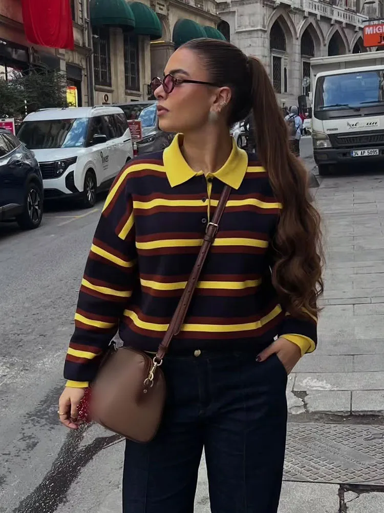 

HH женский осенний пуловер с лацканами, разноцветный полосатый пуловер с украшением, женский повседневный свободный короткий топ с длинными рукавами, новая одежда