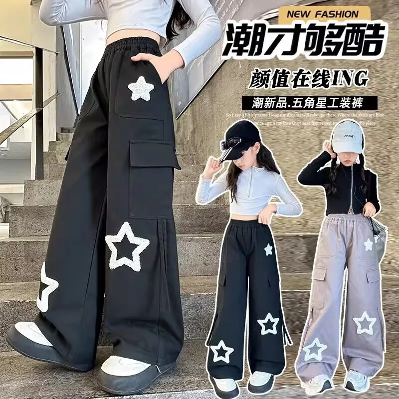 Girls Summer New Retro Cargo Pants American High Street Design Multi Pockets Star Patch Loose Wide Leg Trousers for Teen Childen