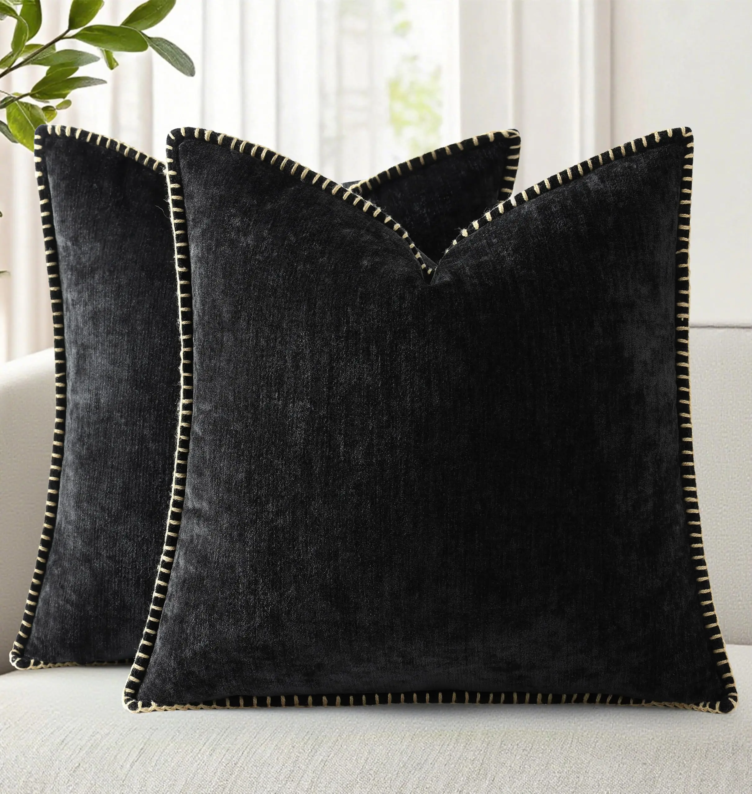 Black Soft Chenille Throw Pillow Covers 18x18 Stitched Edge Modern Farmhouse Luxury Cushion Cover 45x45CM Home Decor