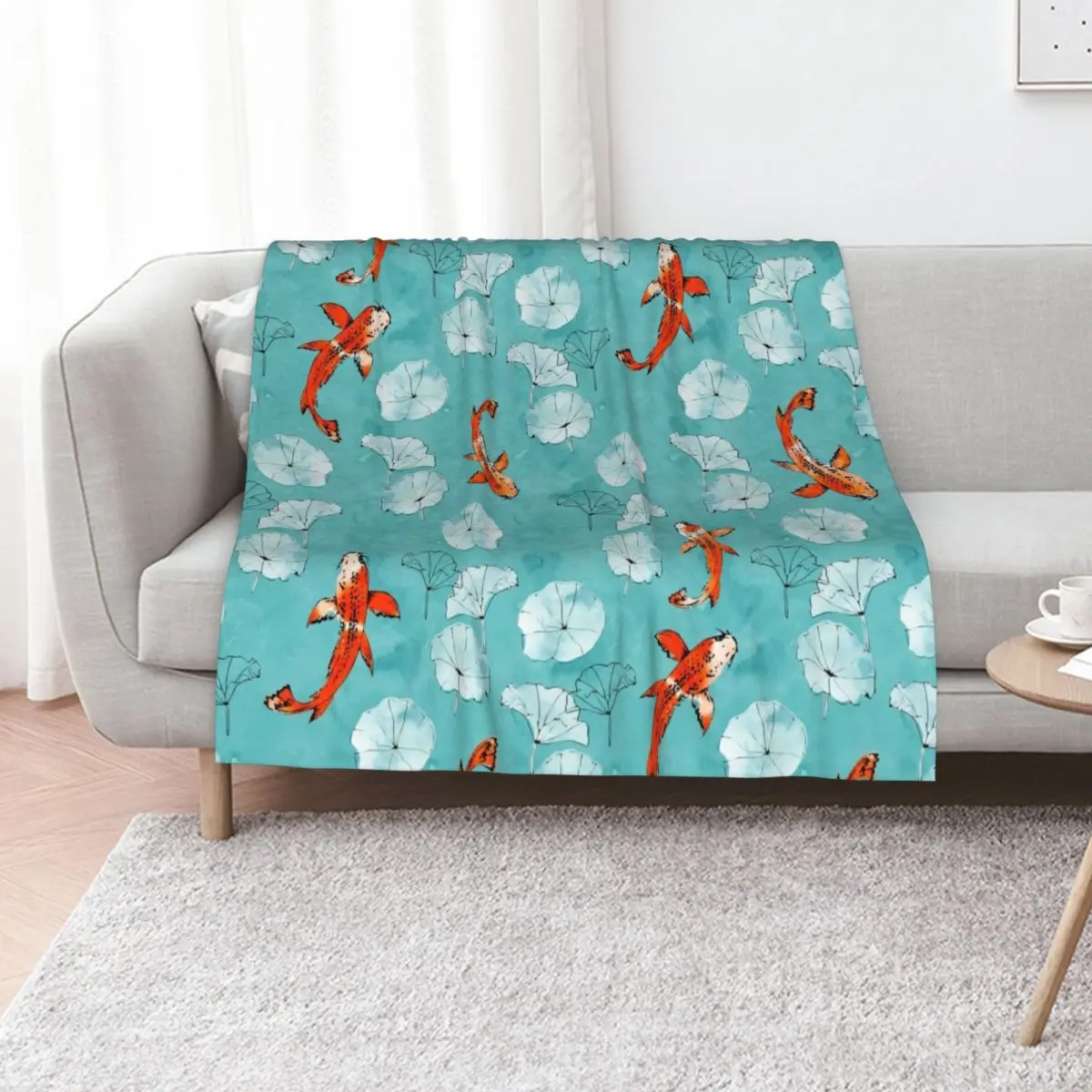 Waterlily koi in turquoise Throw Blanket Single Fashion Sofas Decorative Sofa Bed Comforter Plush Blankets