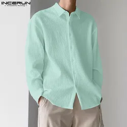 INCERUN Tops 2024 Korean Style Handsome New Men's Simple Striped Shirt Casual Fashion Streetwear Solid Long Sleeved Blouse S-5XL