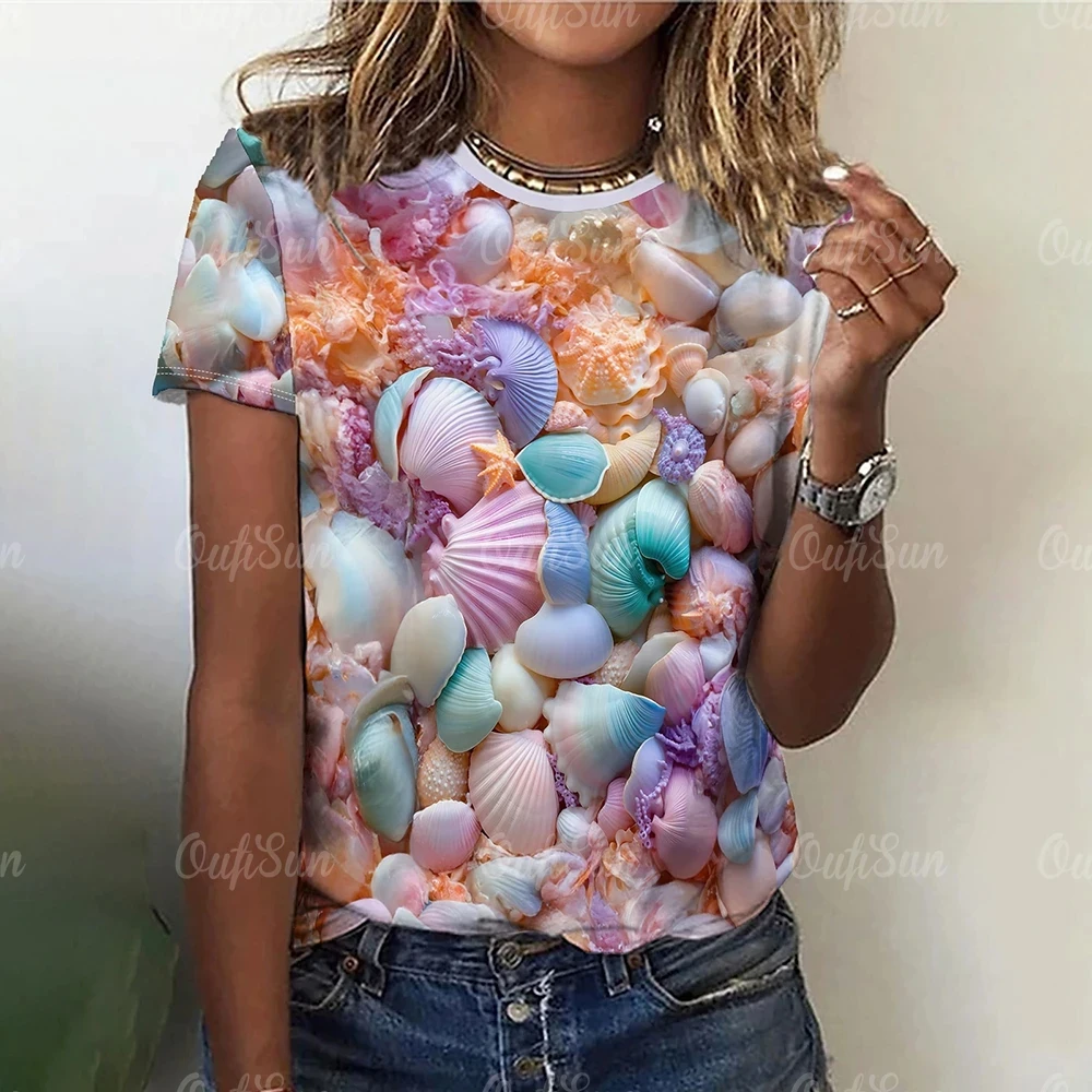

Colored Seashell Pattern 3D Print Women's T-shirts Summer New O-neck Short Sleeves Tees Fashion Trend Women Clothing Streetwear