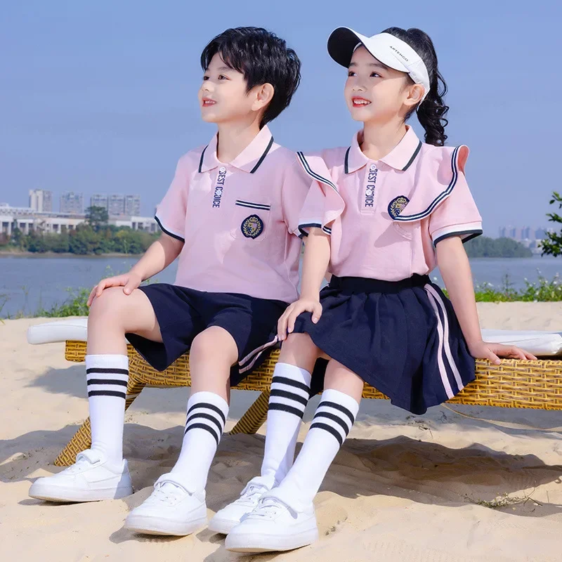 

Class uniforms Primary school students pink blue two-piece Children's short-sleeved cotton sports suits Kindergarten uniforms