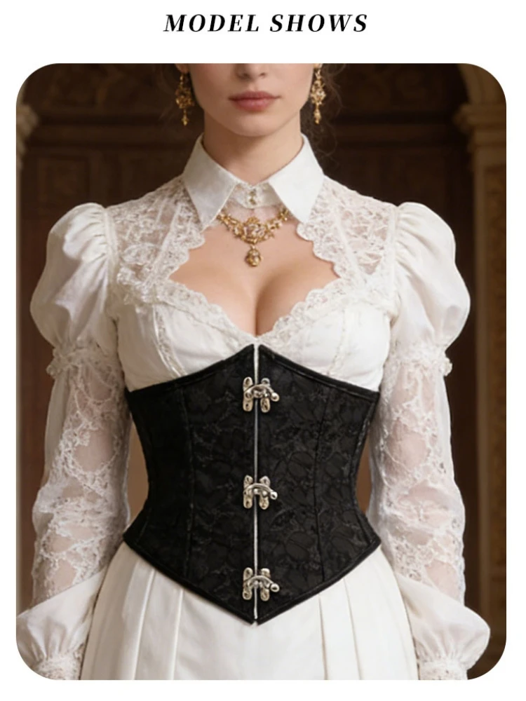Damen Gothic Spitzen-Unterbrustkorsett, Taillenformer mit Vorderverschluss, Rücken-Schnürung, verstärkt, Vintage, Halloween-Party, Clubwear – Detail 6