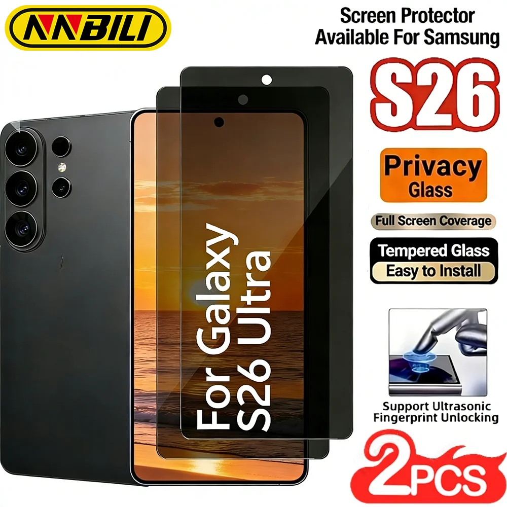 

NNBILI 2pcs Full Coverage Privacy Tempered Glass Screen Protector for Samsung Galaxy S26 Ultra Support Fingerprint Unlocking