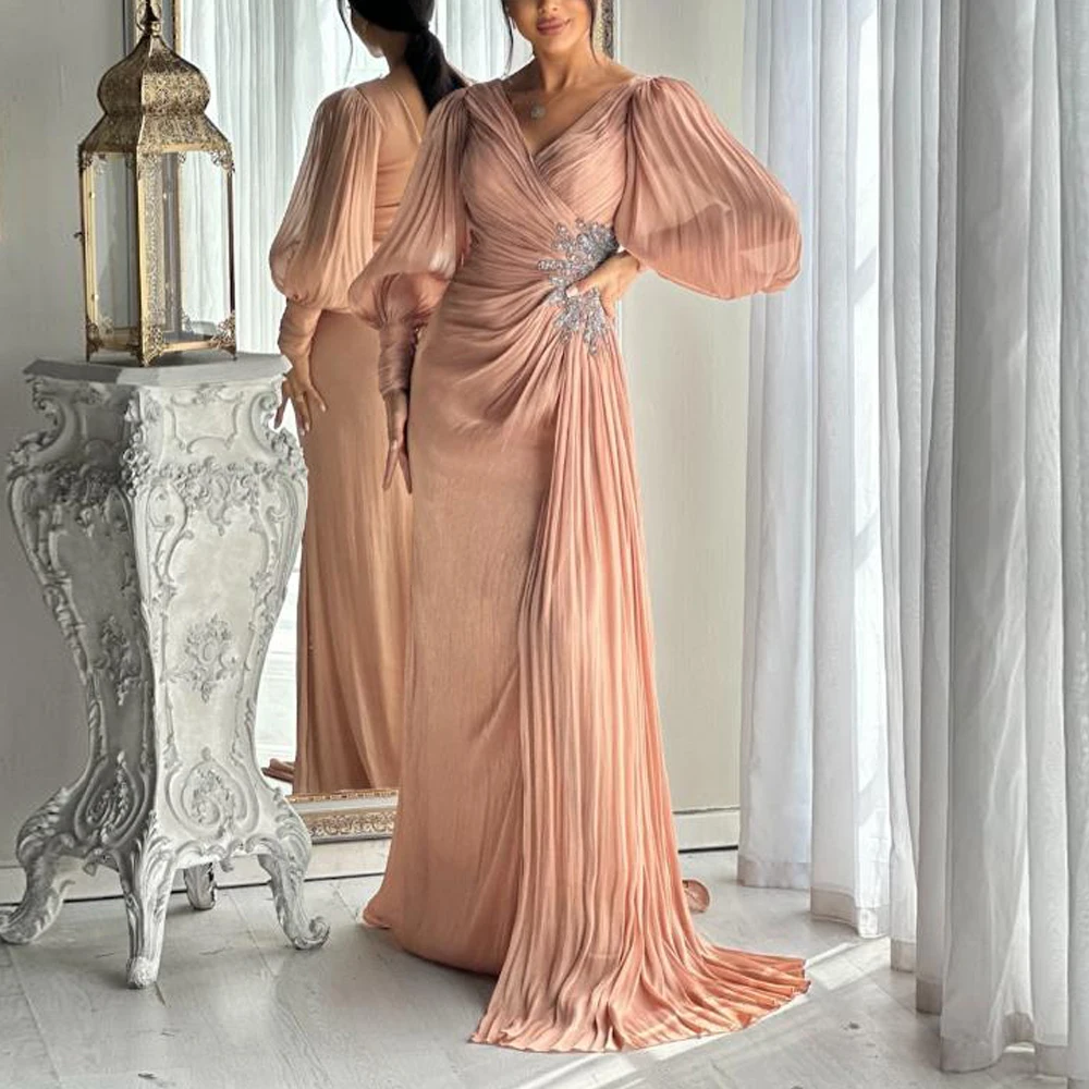 

Customized Pleat Long Evening Dress with Side Train V Neck Lantern Sleeve Wedding Guest Gown Bead فساتين سهرات