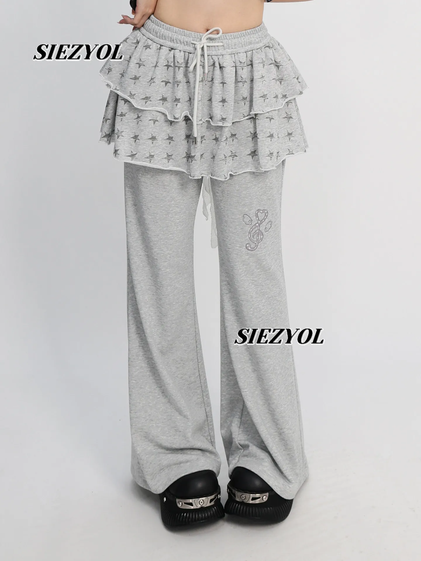 Y2k Print Cake Skirt Pants Spring/autumn New Sweet & Girly Elastic Waist Drawstring Micro Flare Casual Wide Leg Trousers