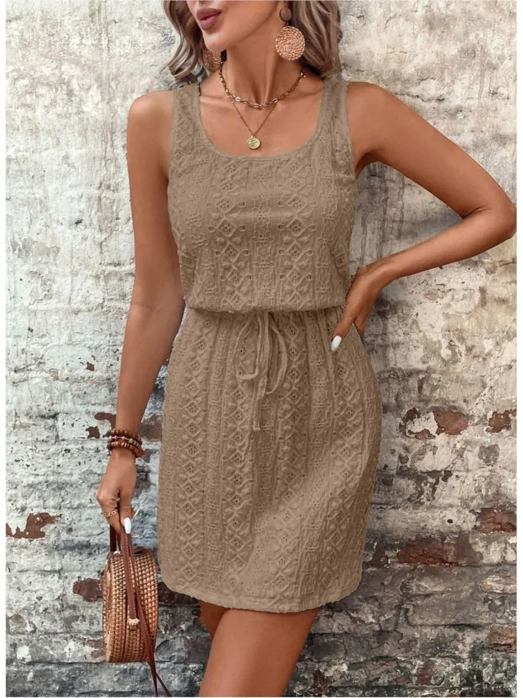 Summer Sleeveless Mini Dress Women Casual A-Line Drawstring Pocket Beach Holiday Dresses For Women Short Dress White Sundress