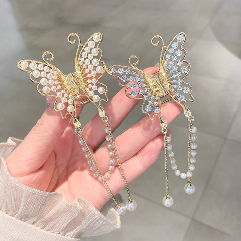 Retro Hollow Butterfly Tassel Hairpin Korean Girl Rhinestone Ponytail Hair Claw Elegant Pearl Hair Accessories For Women