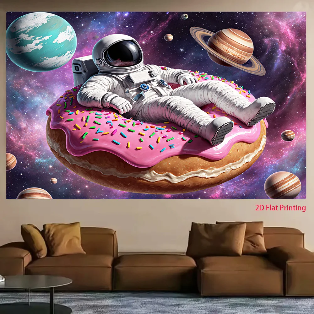 Aesthetic Space Galaxy Astronaut Donut Tapestry Wall Hanging Cosmic Planets Room Decor Nursery Art Print Polyester Backdrop Post