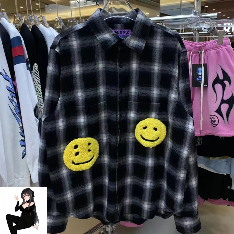 

Stripe Plaid CPFM.XYZ Embroidery Hairy Smiley Shirts Jackets Tops Men Women Black Red High Street Thicken Winter Shirt Clothes