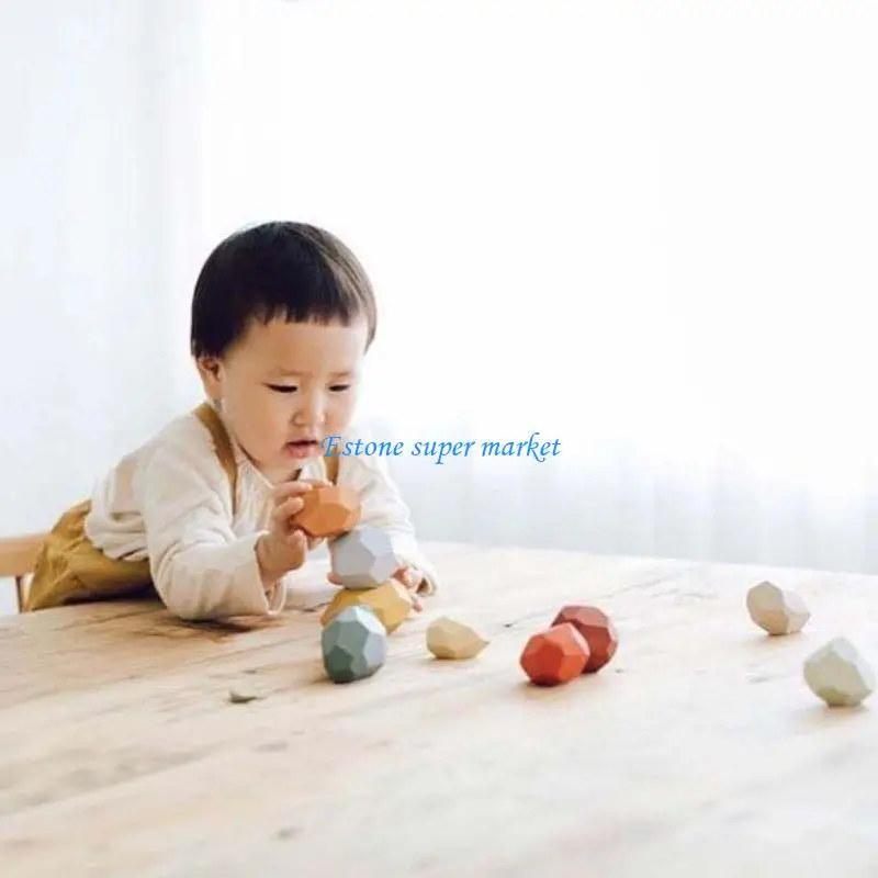 Jeu d'empilage pierres en bois pour enfants, 16 pièces, bloc construction, jouet éducatif pour enfants, 090B