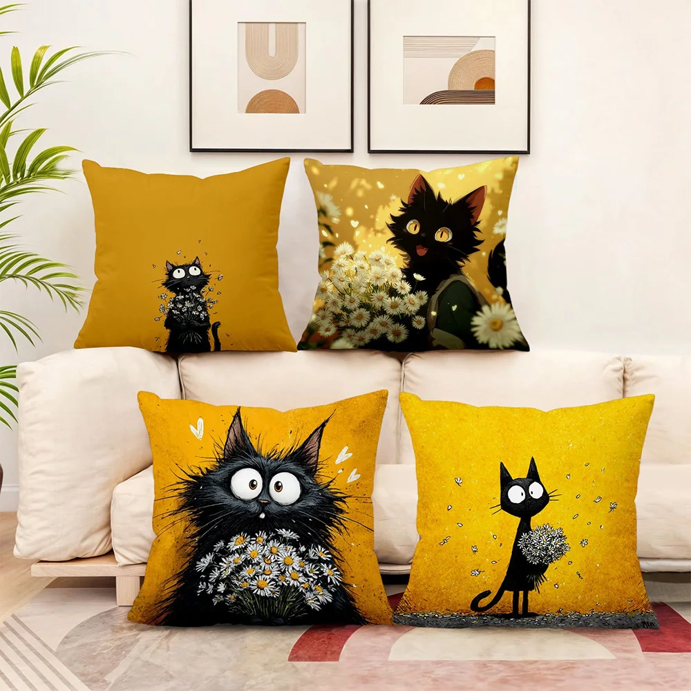 2D Flat Cute Black Cat with Daisy Floral Throw Pillow Covers No Pillow Core Unreal embroidery
