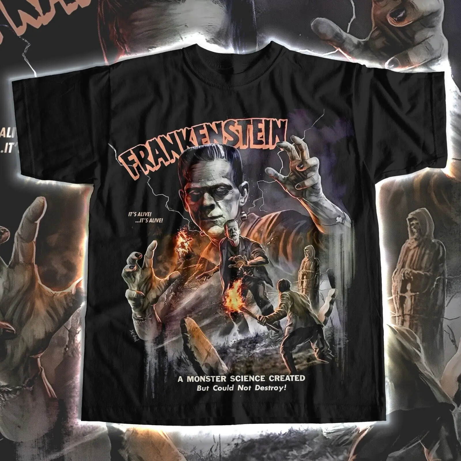 

Mens 10XL Halloween Pro Club Black Tee Shirt Graphic Frankenstien Horror Movie T