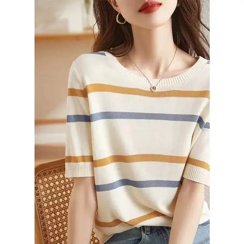 2024 Spring And Summer New Models Ice Silk Sweater Striped Short-Sleeved Women'S French Age Reduction Gentle Round Neck T-Shirt