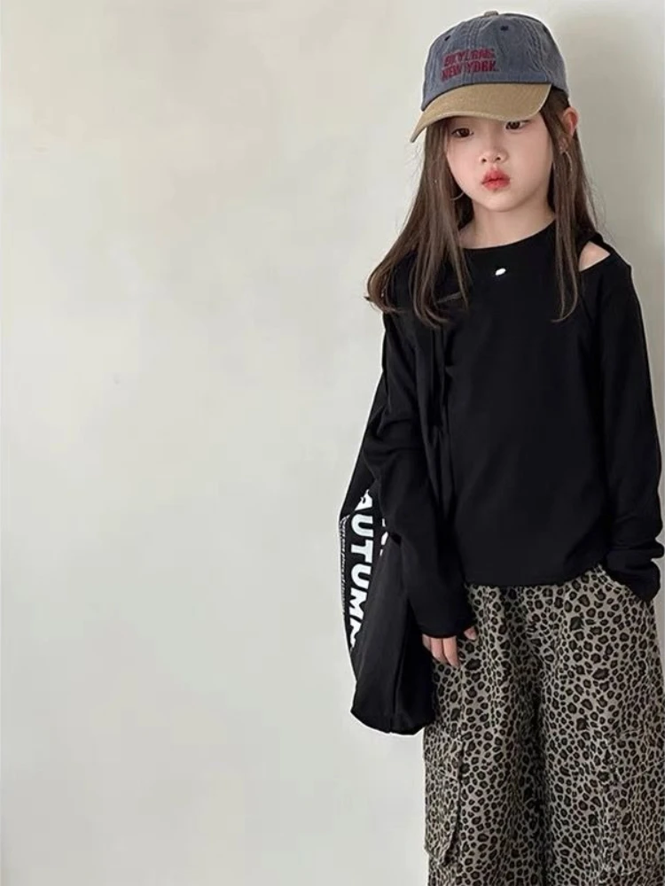 2026 Girls Hollow Out T Shirt Spring Autumn Korean Casual Pullover Top Trendy Kids Clothing