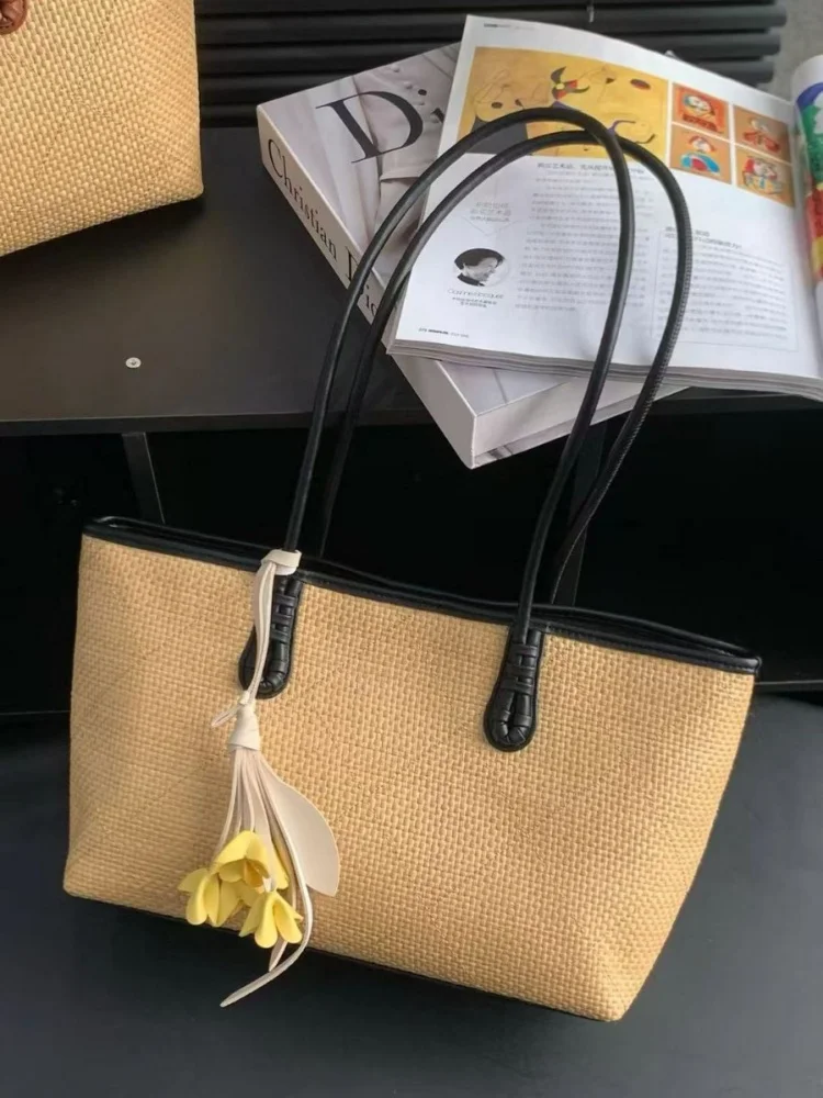 

Высококачественная плетеная сумка-тоут ручной работы из рафии большой вместимости, летняя пляжная сумка для отпуска и путешествий, сумка на плечо