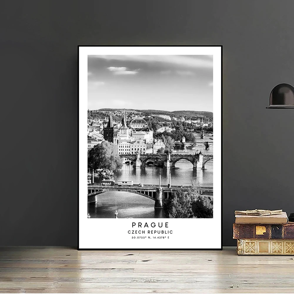 

Prague Travel Poster Modern Wall Art Canvas Painting Print Black White City Landscape Picture for Living Room Home Decor Cuadros