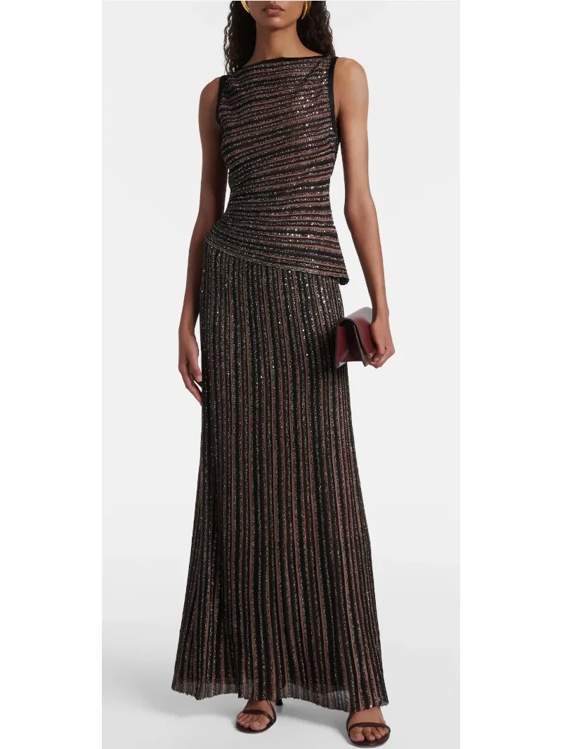 Dwuczęściowa suknia wieczorowa damska w paski z cekinami, elegancka, formalna, odpowiednia na codzienne kolacje, specjalne okazje, odzież damska.