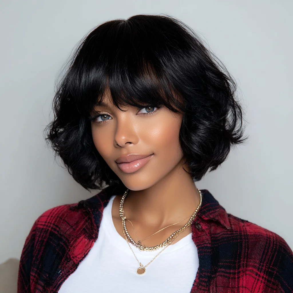 

Brazilian Short Pixie Bob Wig with Bangs Lace Bob Wigs Look natural Debut Remy Hair 100% Human Hair Bob Wig For Black Women
