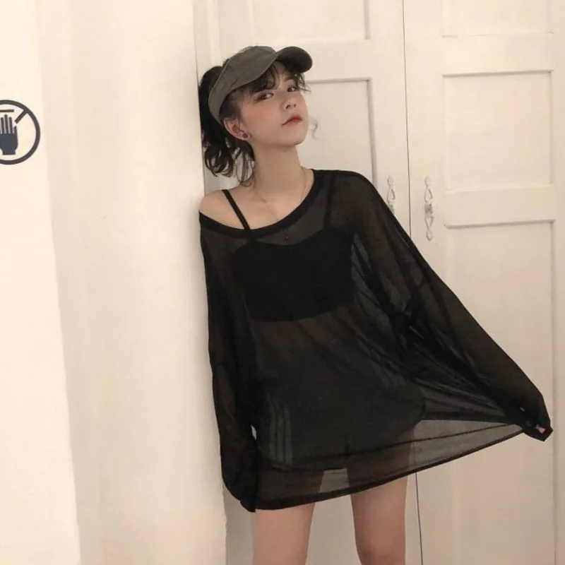 Long Sleeve Sheer T-shirts Women Sunscreen Comfortable Casual Tees High Street Korean Stylish Solid Transparent Simple All-match