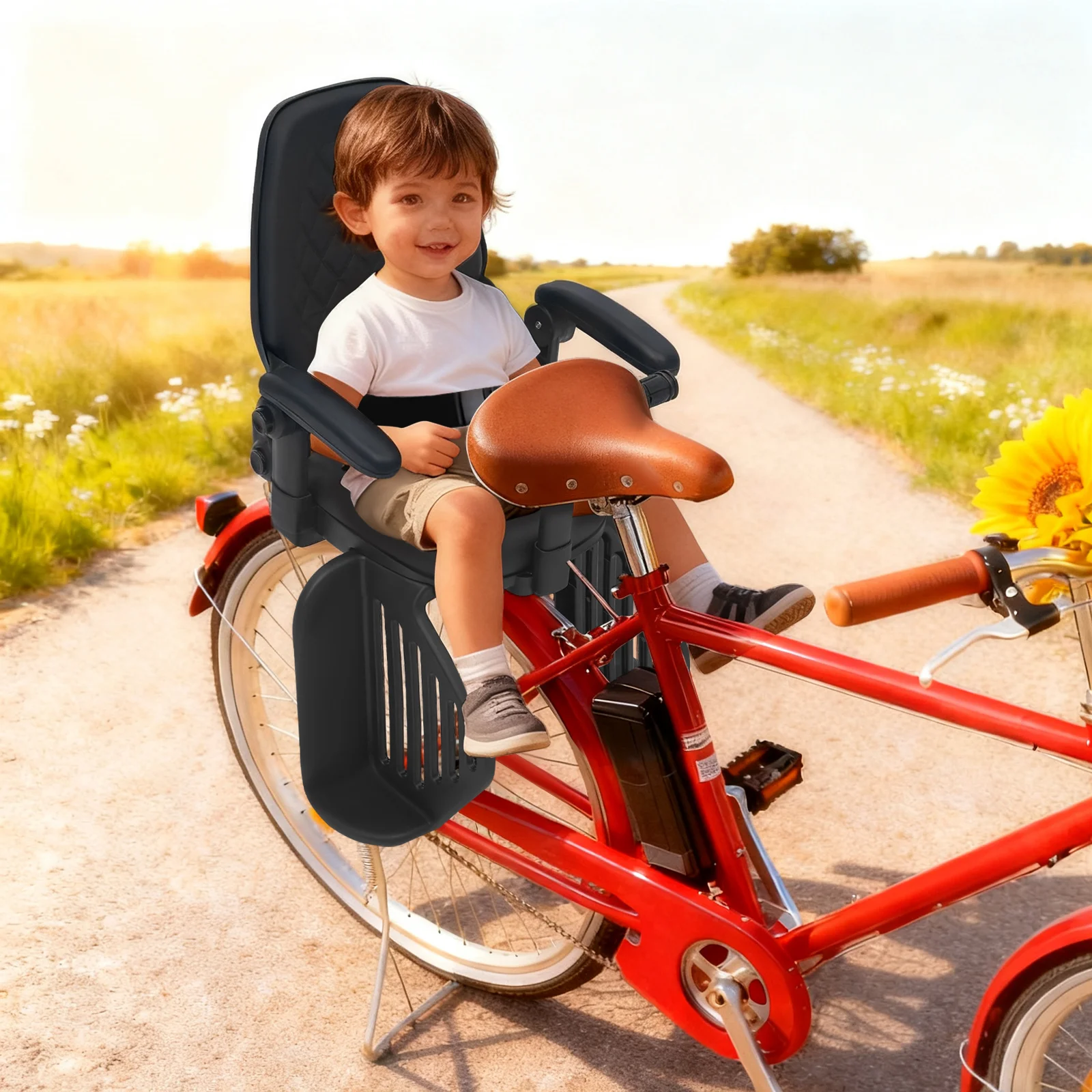 

Safe Comfortable Kids Bike Seat, Anti-Slip Front Handle+Side Armrests+Seat Belt, Footrest Baffles(Anti-Wheel Pinch)