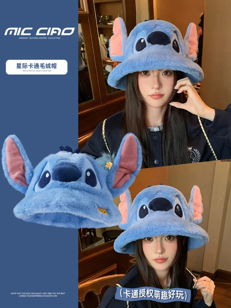 Disney Stitch – chapeau de pêcheur en polaire pour femmes, seau chaud, à la mode, amincissant, polyvalent, nouvelle collection automne-hiver 2025