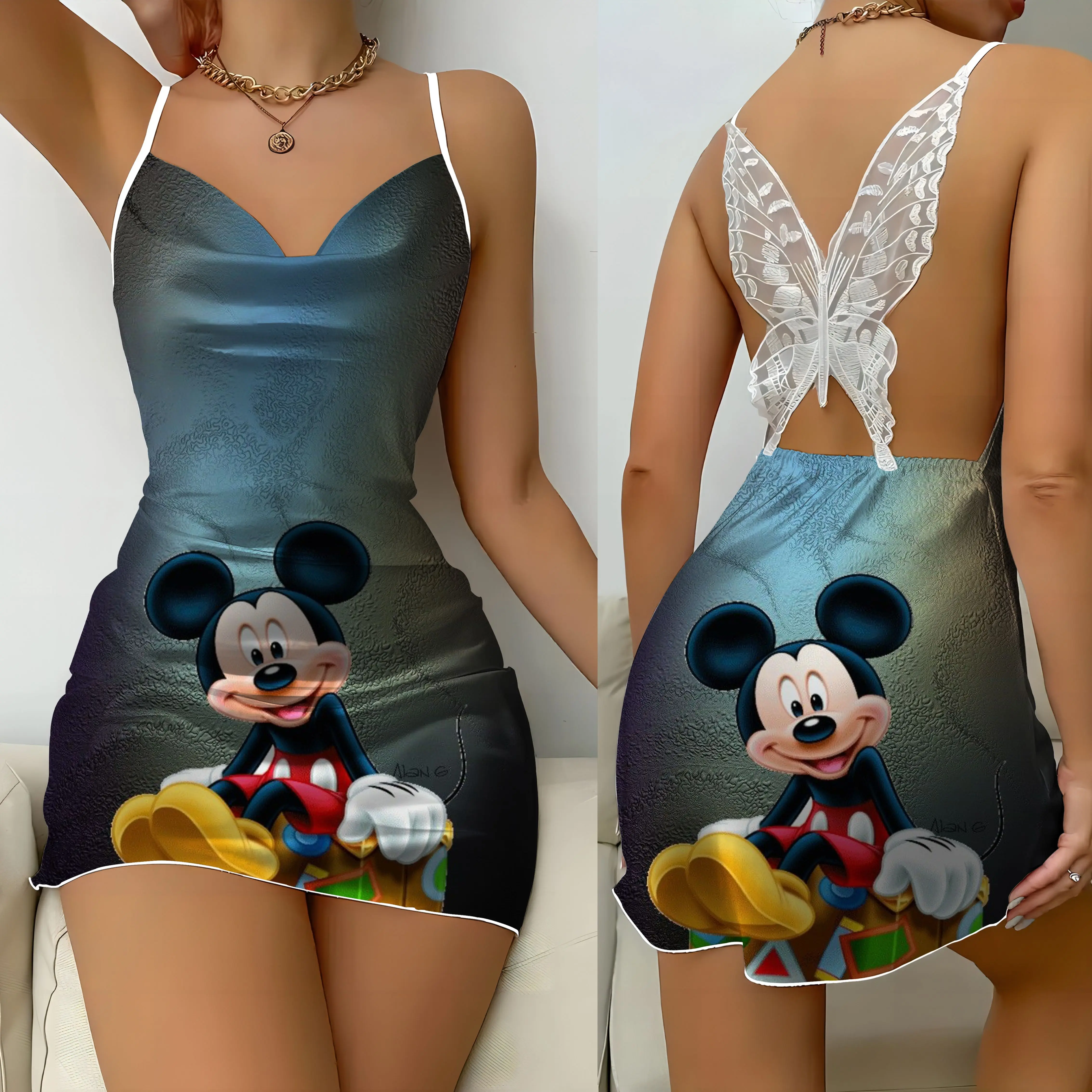 Vestido de fiesta con falda de encaje para mujer, minivestido Sexy con lazo de Mickey y Minnie Mouse, superficie de satén, 2024