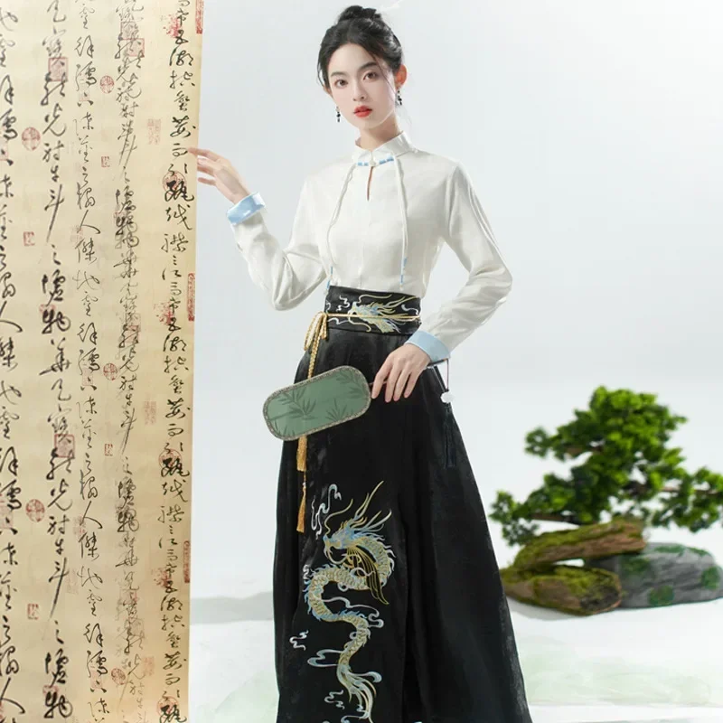 

Традиционный ежедневный комплект Hanfu, платье с изображением лошади, женская новая юбка в китайском стиле с вышивкой дракона, модная уличная одежда