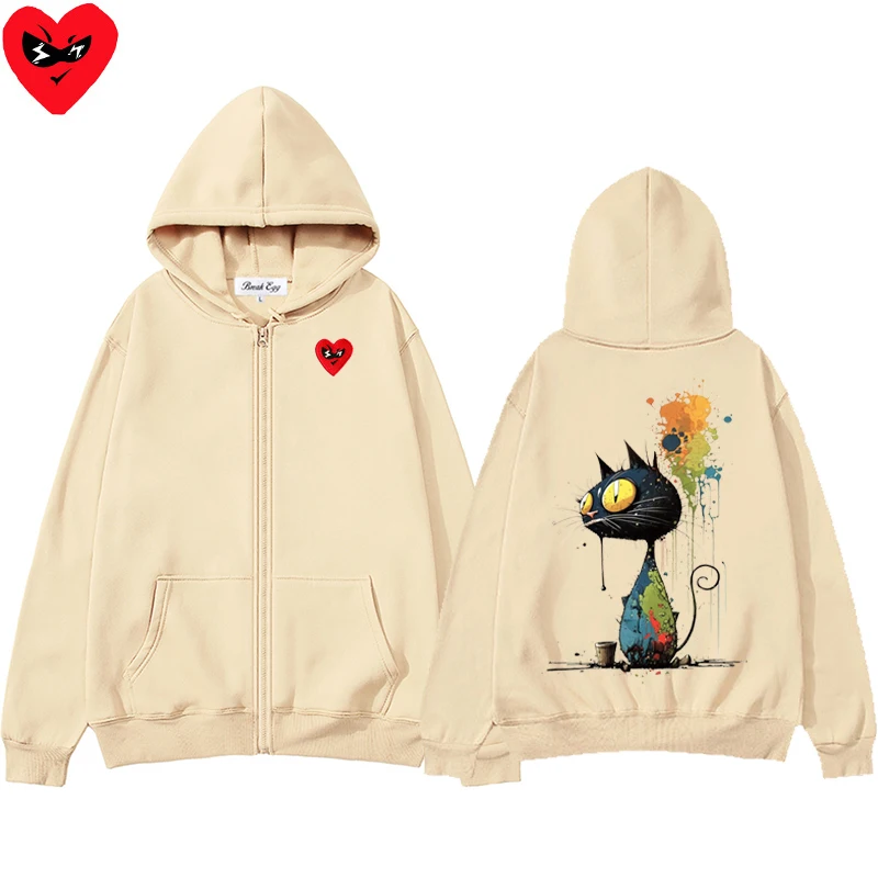 Oil Painting Colored Cat Print Men Women Zipper Hoodie Polyester Red Glasses Heart Embroidery Pocket Loose Thin Autumn Sweater