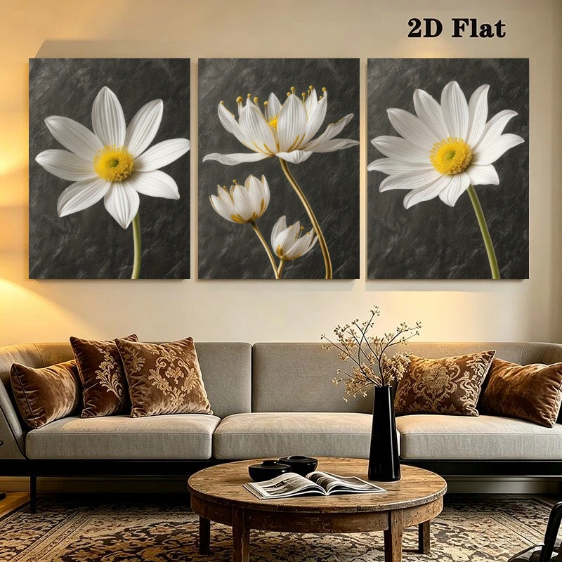 2D Flat, 2D Flat, 3pcs Modern Minimalist | White Flower Close-Up Delicate Petals Golden Stamen Dark Gray Background | Framele