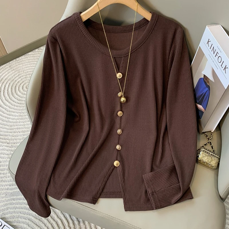 Autumn Winter O-Neck Hollow-Out Single-Breasted Pullovers 2025 Women Plus Size Sweater Split Hem Knit Long Sleeve Top