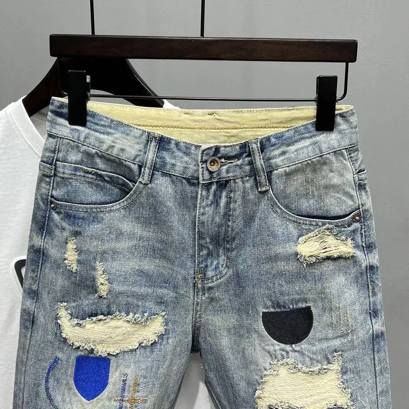 New Arrival 2023 Summer Washed Men\'s Casual Denim Shorts Stylish Cat WhiskerCowboy Ripped Distressed Patched Skinny Short Jeans