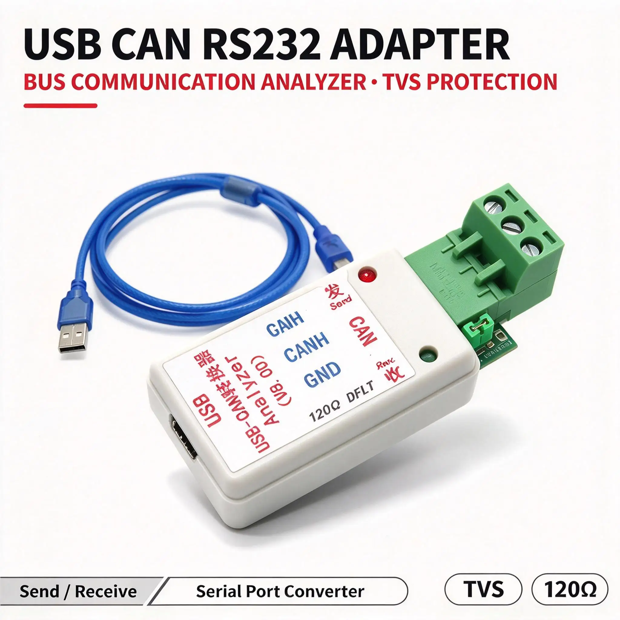 DYKB USB to CAN Bus Converter Adapter RS232 Serial CAN Analyzer CAN2.0A/B TVS Surge 5K-1M Baud Industrial Automotive PC Debug